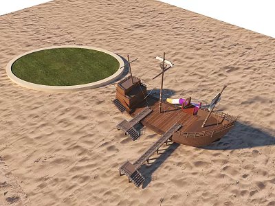 Outdoor Wooden Ship Shaped Playground Equipment With Slide In Sand Area And Round Grass Patch 3d model
