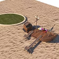Outdoor Wooden Ship Shaped Playground Equipment With Slide In Sand Area And Round Grass Patch