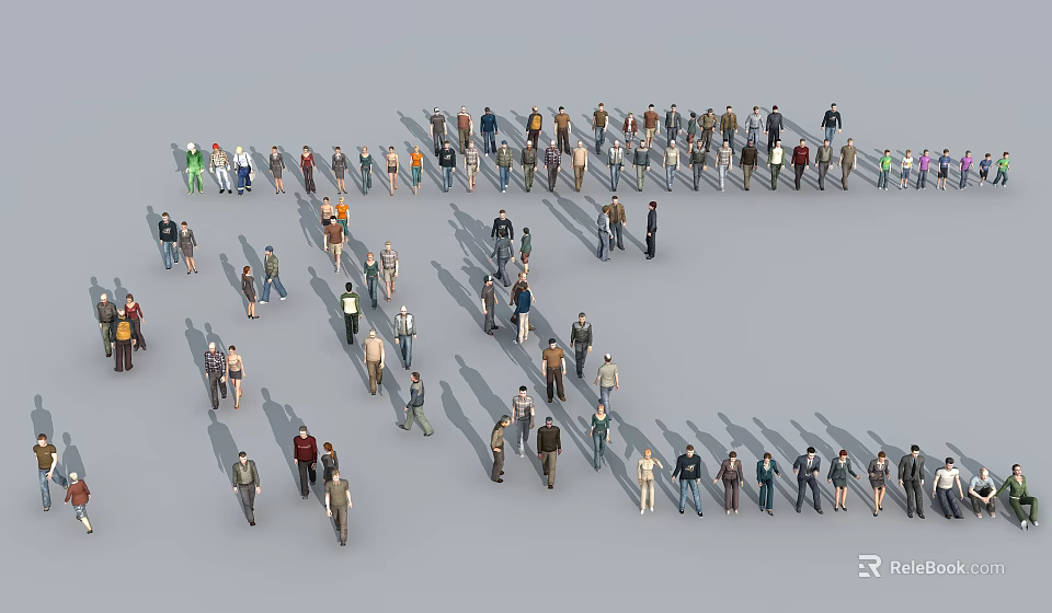 Group of People in Different Colors and Various Poses Forming Collective Shape 3d model 