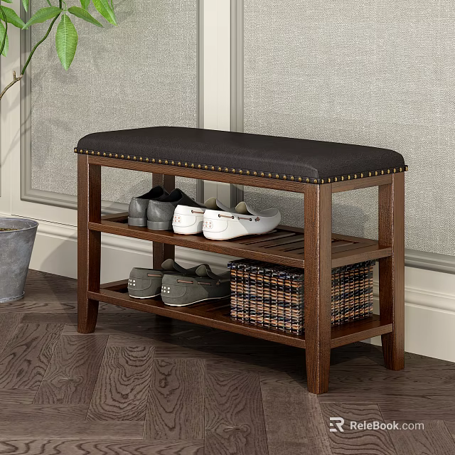 Wooden Sofa Bench Black Padded Seat Nailhead Trim Multi Tier Shelf For Shoes And Baskets 3d model 