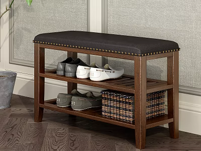 Wooden Sofa Bench Black Padded Seat Nailhead Trim Multi Tier Shelf For Shoes And Baskets 3d model