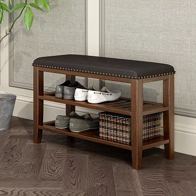 Wooden Sofa Bench Black Padded Seat Nailhead Trim Multi Tier Shelf For Shoes And Baskets 3d model