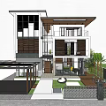 Modern Detached Villa Two Story Exterior With Glass Windows Wooden Panels And Courtyard Greenery