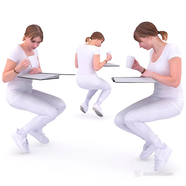 Woman Using Tablet Holding Cup In Various Sitting And Jumping Poses 3d model
