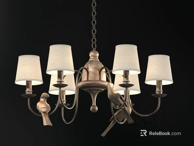 Decorative Metal Chandelier With White Lamp Shades Bird Ornaments And Chain Hanging 3d model 