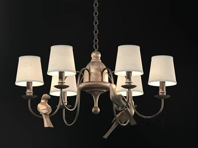 Decorative Metal Chandelier With White Lamp Shades Bird Ornaments And Chain Hanging 3d model