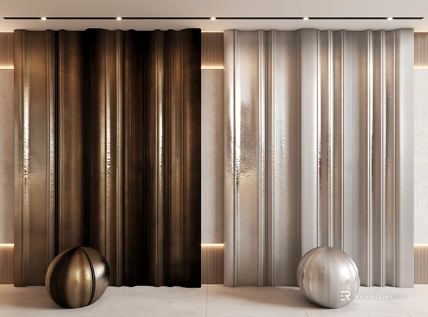 Modern Metallic Background Wall With Vertical Striped Brown And Silver Design And Decorative Spheres 3d model 