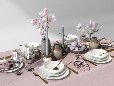 Elegant Dinnerware Set With Plates Bowls Cutlery Wine Glasses On Pink Tablecloth And Pink Flowers 3d model