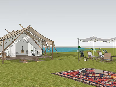 Glamping Canvas Tent On Green Grassland With Seaside View Outdoor Furniture And Canopy 3d model