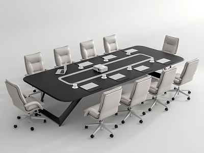 Modern Black Conference Table With Multiple Wheeled White Office Chairs In Office Setting 3d model