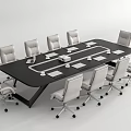 Modern Black Conference Table With Multiple Wheeled White Office Chairs In Office Setting