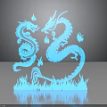 Two Mythical Blue Dragons with Flames and Reflection on Black Background 3d model