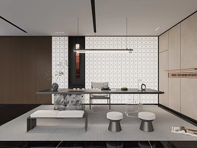 Modern Tea Room Interior With Long Table And Stools 3d model