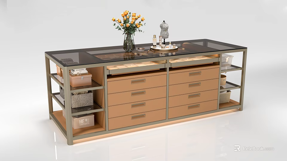 Modern Island Cabinet With Glass Countertop Drawers Open Shelves And Decorative Items 3d model 
