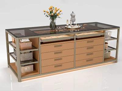 Modern Island Cabinet With Glass Countertop Drawers Open Shelves And Decorative Items 3d model