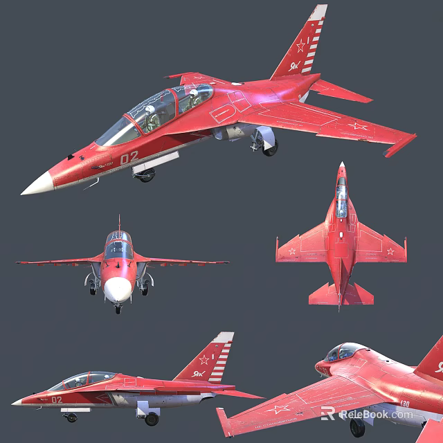 Red Fighter Jet Multiple Angles Showcase With Number 02 And Tail Design Details 3d model