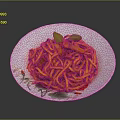 Delicious Yellow Noodles With Meat Slices And Green Leaf Garnish On White Floral Plate