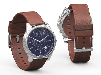 Stylish AK Watch With Brown Leather Strap Dark Blue Dial And Metal Case 3d model
