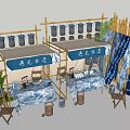 Commercial Outdoor Setup With Bamboo Structures Blue Fabric Wooden Barrels and Chairs