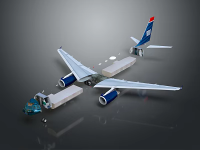 Modern White Passenger Airplane with Twin Engines Main Wings and Blue Red Tail Fin 3d model