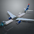 Modern White Passenger Airplane with Twin Engines Main Wings and Blue Red Tail Fin