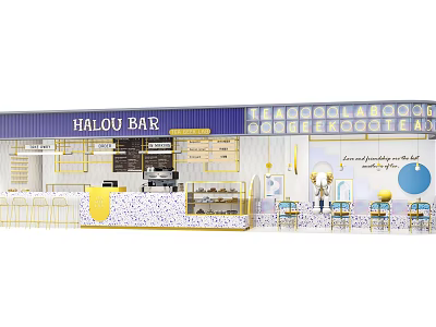 Bright Bubble Tea Shop Interior With Blue Yellow Decor Counter Seats And Menu Board 3d model