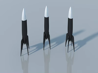 Three Black Rocket Models With White Tops On Gray Background 3d model