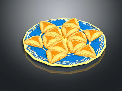 Yellow Triangular Pastries Arranged On Blue Decorative Plate For Snacks 3d model