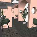 Pink Restaurant Featuring Arched Doorways Long Bar Green Chairs Round Pendant Lights And Potted Plants