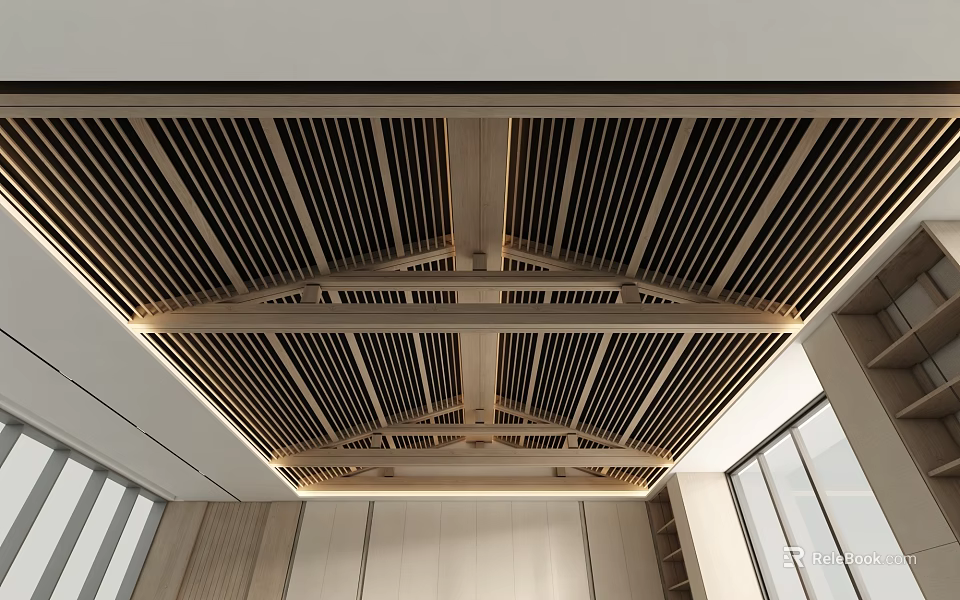 Modern Slatted Ceiling Design With Wooden Grilles And Beam Structure In Living Space 3d model 