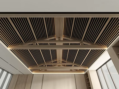 Modern Slatted Ceiling Design With Wooden Grilles And Beam Structure In Living Space 3d model