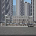 Modern Commercial Street With Glass Facade Building Tall Skyscrapers Pedestrians And Vehicles