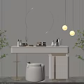 Modern Dressing Table With Round Mirror Gold Accents White Countertop Pendant Lights And Green Plants