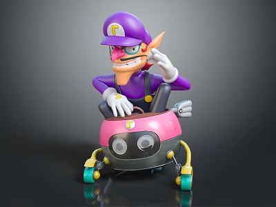 Purple Doll With Purple Hat And W Logo Sitting On Pink Cart With Green Wheels 3d model