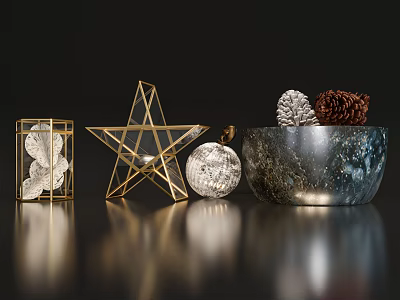 Decorative Ornament Set Featuring Star Frame Square Leaf Design Silver Sphere And Pine Cones 3d model