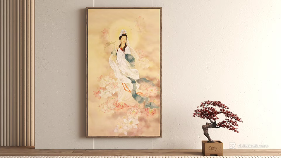 Traditional Female Portrait Painting With Pink Flowers And Bonsai Tree Decoration 3d model 