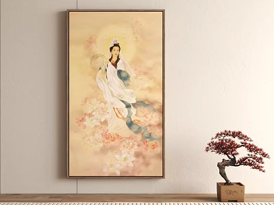 Traditional Female Portrait Painting With Pink Flowers And Bonsai Tree Decoration 3d model