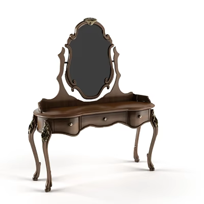 Classical Wooden Dressing Table with Oval Mirror Carved Legs and Three Drawers 3d model