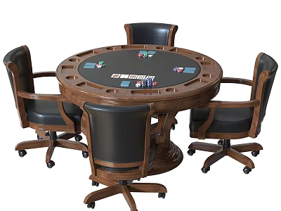 Premium Sports Equipment Wooden Round Poker Table With Swivel Chairs And Chips 3d model