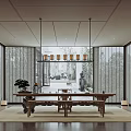 Traditional Tea Room Interior Design With Wooden Furniture Sliding Screens Hanging Lamp And Scenic View