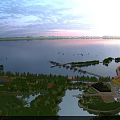 Scenic Garden Landscape at Sunset With Lake Lush Trees Boardwalk and Green Space