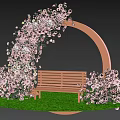 Floral Installation With Pink Flower Arch And Wooden Bench On Green Grass