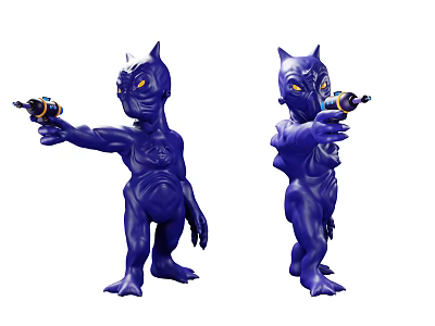 Two Blue Cat Like Game Movie Characters Holding Weapons With Yellow Eyes 3d model