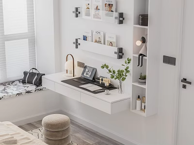 Modern White Dressing Table With Green Plant Table Lamp Photos And Beige Stool 3d model
