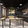 Modern Café Interior Design With Bar Counter Pendant Lights And Green Plant