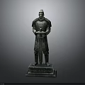 Ancient Terracotta Warrior Statue With Armor Standing On Pedestal Holding Sword