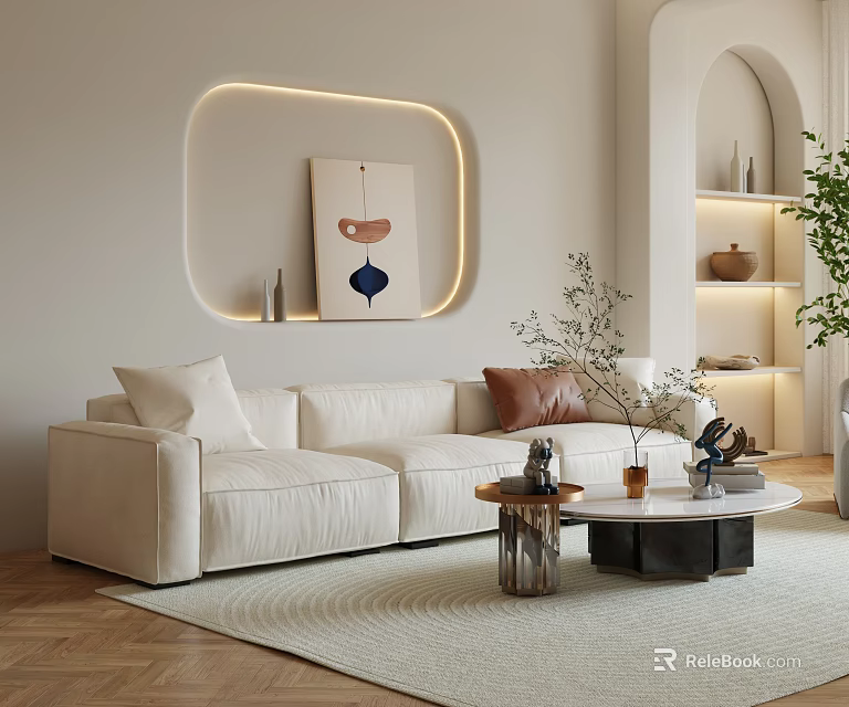 Beige Three Seater Sofa With Cream Rug Decorative Painting Lighting Coffee Tables And Green Plant 3d model 