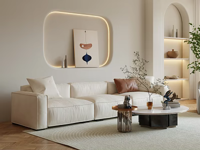 Beige Three Seater Sofa With Cream Rug Decorative Painting Lighting Coffee Tables And Green Plant 3d model