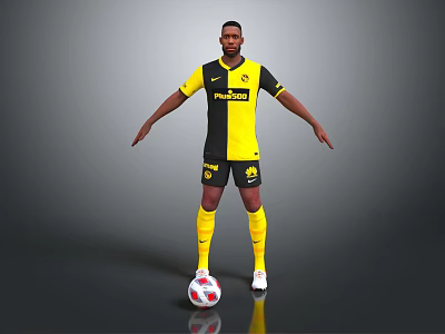 Man In Yellow And Black Football Jersey Standing With Outstretched Arms And Soccer Ball 3d model