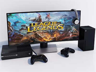 Gaming Computer Setup With Curved Monitor League of Legends Display Headphones And Controllers 3d model